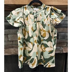 Women’s ALDEN ADAIR Green/Beige Cassidy Ruffled Star Pleated Shirt S *A7